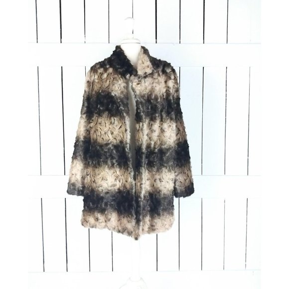 Striped faux fur winter coat/chunky faux fur brown striped jacket/Hal Rubenstein - Picture 2 of 10